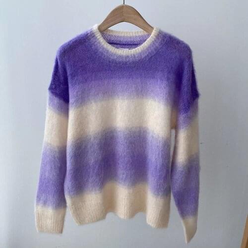 2021 Spring Summer New Women Sweater Mohair Color Block Long Sleeve Contrast Color Sleeve Loose Knit Top