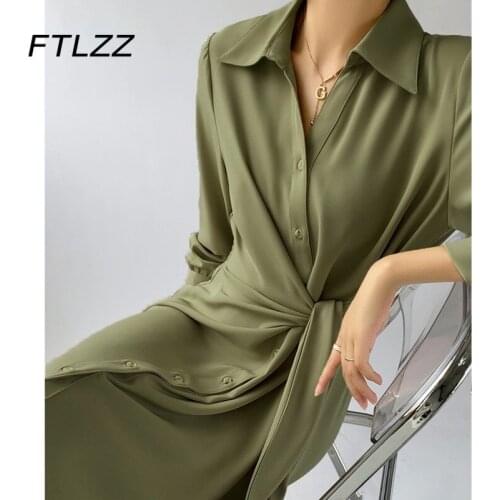 New Women Elegant Shirt Dress Spring Autumn Long-sleeved Slim Bandage Waist Satin Dresses Ladies Vintage Bodycon Long Robe