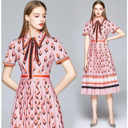 New 2021 Summer Runway Celebrity Shirt Dress Women Striped Bow Tie Collar Short Sleeve Geometry Print Midi Pleated Dress