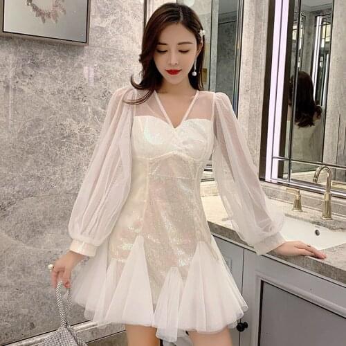 Korea New Fashion 2021 Women Summer Mesh Lantern Long Sleeve Color Gradient Spliced Sequined Ruffles Holiday Mini White Dress