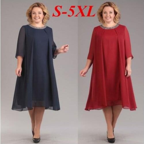 2020 Summer Women Vintage Casual Loose Chiffon Mother Dresses Elegant Asymmetrical O Neck Half Sleeve Party Dress Plus Size 5xl