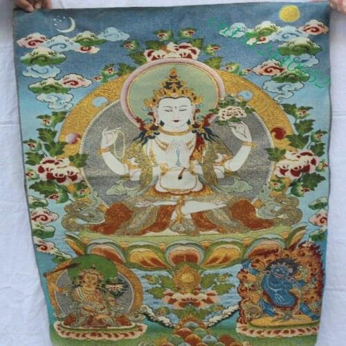 36 inch Tibet Buddhism Silk embroidery guanyin Kuan-yin Buddha Thangka Painting Mural