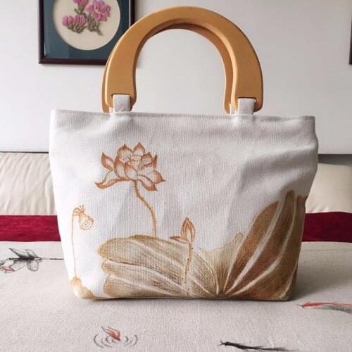 Free shipping Chinese traditional flower DIY hand-painted cotton cloths bamboo and wood handle bags