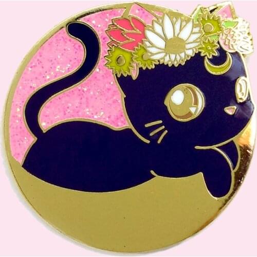 Kawaii Sailor Moons Cat Hard Enamel Pin Fashion Cartoons Animal Brooch Pretty Moon Pastel Flower Black Kitty Medal Jewelry Gift