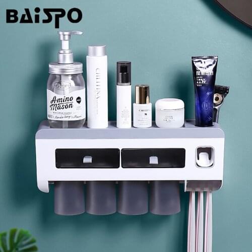 BAISPO Punch-free Toilet Toothbrush Holder Bathroom Accessories Storage Shelf Set Automatic Toothpaste Squeezer Dispenser
