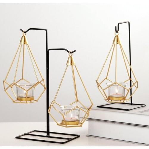 European Modern Hand Weld Iron Wire Gold Painted Tabletop Hanging Metal Tea Light Candle Holder With Glass Cup And Black Holders
