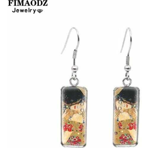 FIMAODZ Charm The Kiss Art Paintings Earring Gustav Klimt Glass Crystal Fish Hook Earrings for Women Vintage Jewelry Love Gift