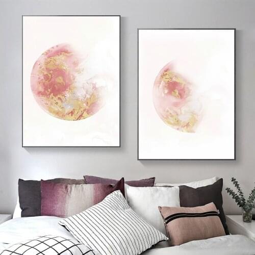 Nordic Watercolor Pink Moon Canvas Painting Planet Small Fresh Modern Posters Prints Wall Art Pictures for Living Room Decor