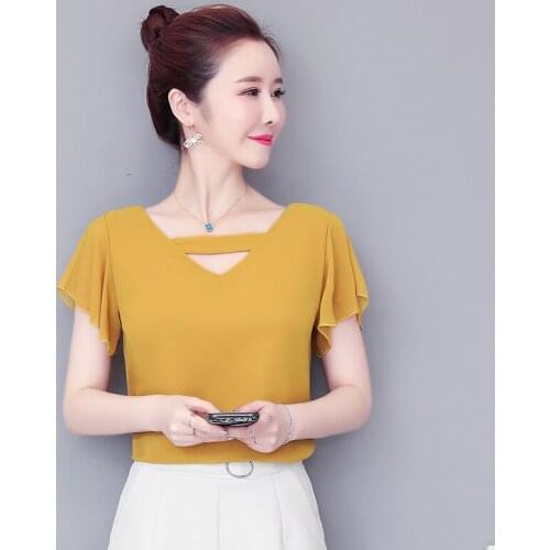 Korean Womens Solid Shirts Office Lady Workwear Summer Short Sleeve Chiffon Blouse Female Elegant Tops plus size shirts M-8XL