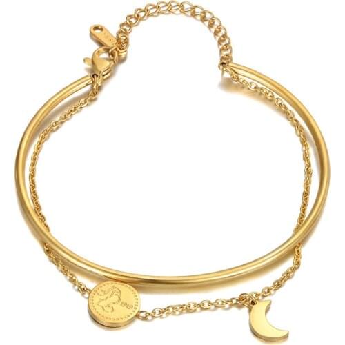Trendy Double Layer Titanium Stainless Steel Moon Charm Bracelets For Women Bohemia Beach Party Bangle Jewelry B21021