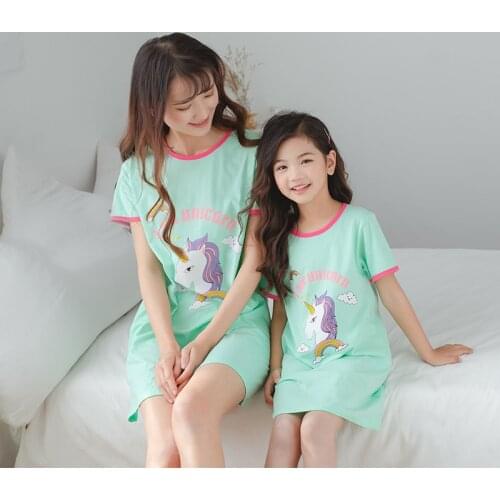 Summer New Childrens Nightdress Unicorn Nightgowns Baby Mother and Child Cotton Pajamas Girls Parent-child Dress Kids Princess