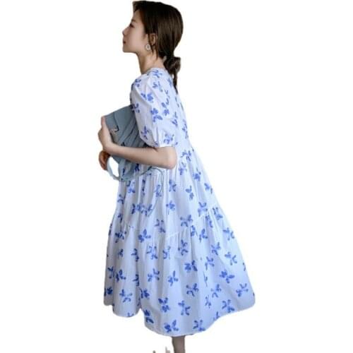 2021 New Summer Tound Collar Hubble-Bubble Sleeve Pleated Pregnant Women Dress Fashion Printing O-Neck Maternity dresses