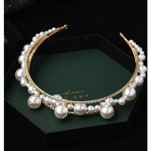 New Luxury Big Pearl Crystal Headband Shaped Golden Tiara Queen Princess Birthday Wedding Fashion Hair Accessorie