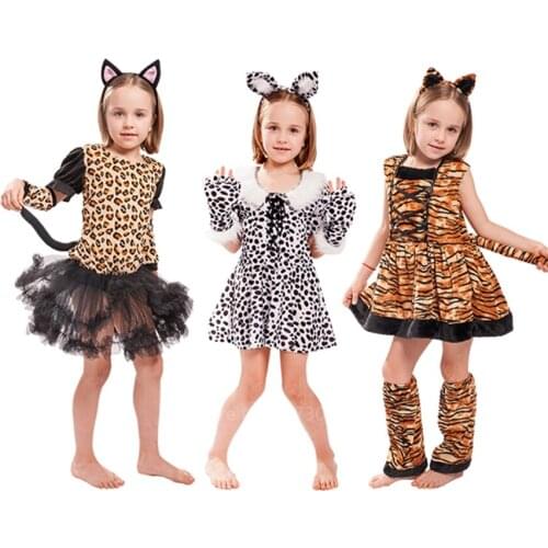 Girls Cute Cartoon Animal Cosplay Costumes Fancy Halloween Carnival KIds Tiger Leopard Purim Party Print Dress with Headband