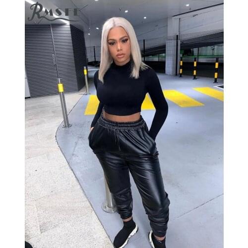 RMSFE 2021 European And American Womens Fashionable Temperament Mature Tight Sexy Black Leather Pants