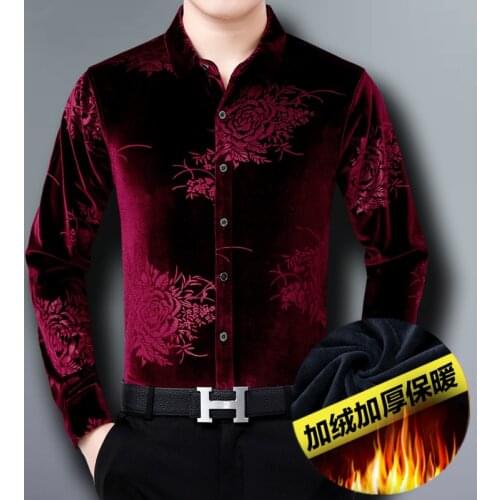 2020 Winter Warm Mens Thermal Velvet Shirts For Mens Luxury Red Blouses Large Size Claret Velour Blue Flannel Clothing 40s 50s