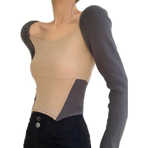 Sexy Knitted Bottoming Shirt Women Spring and Summer Thin Retro Short Sexy Tight-fitting Long-sleeved Top Female NS2654