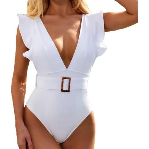 Sexy Ruffle One Piece Swimsuit Push Up Swimwear Women 2020 Backless Bathing Suits White Swimsuit Padded Deep V Monokini