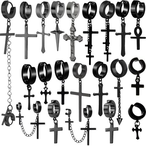 2pcs Women Mens Stainless Steel Dropping Earrings Black Color Cross Gothic Punk Rock Style Pendientes Mujer Moda