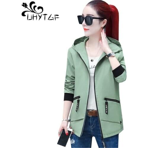UHYTGF Womens spring autumn coat hooded casual 3XL plus size top elegant Female short jacket women Basic coat chaqueta mujer 562