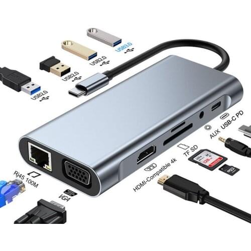 Mosible USB Type C Hub to HDMI-Compatible VGA RJ45 Lan Ethernet 100M SD TF Hub 3.0/2.0 Jack 3.5MM Audio for MacBook Pro/Air M1