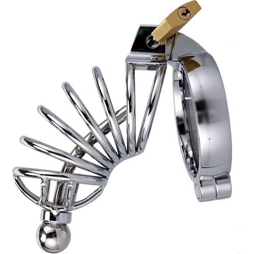 Stainless Steel Chastity Device Long Cage Belt with Urethral Dilator Plug Male Bird Cage Penis Cock Lock Bondage Sex Toy