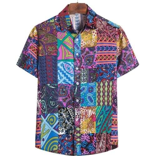 Vintage Hawaiian Shirt Male Ethnic Printed Turn-down Collar Cardigan Summer Street Short Sleeve Blusas Single Breasted Chemise