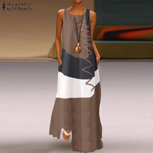 ZANZEA Vintage Summer Dress 2021 Womens Color Stitching Maxi Sundress Casual Female O Neck Sleeveless Robe Femme Tank Vestidos