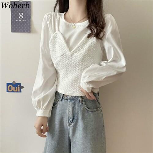 Woherb Vintage Women Cropped Blouses Fake Two Peices Spring 2021 Elegant Blusas Korean Chic Fashion Elegant Ropa Mujer