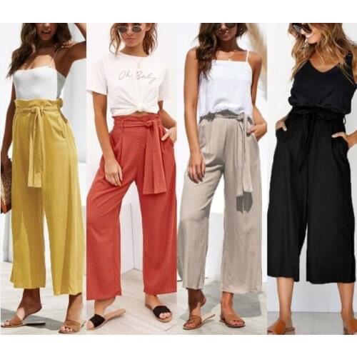 2020 Women Summer Elastic Waist Tie Up Wide Leg Pants Lady Casual Loose Simple Solid Pocket Cropped Trousers Beach Pants Stylish