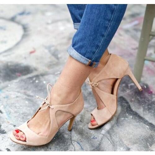 Linamong Suede Red Nude Black Cross Lace Up Hollow Out Sandals Woman Stiletto Heel High Heel Peep Toe Casual Sandals Shoes