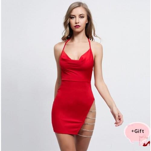 Women Sexy suspender dress Camisole dress NightClub Party Sexy Dress Chain Jewelry Open-back split chain suspender dress Summer