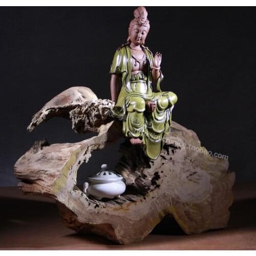10 inch lotus sitting Guanyin tea dust glaze ceramic handicraft decoration woodcarving art collection