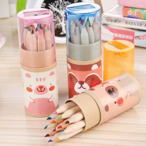 12PCS Cute Korean Creative Bear Cartoon Mini Color Pencil With Pencil Sharpener Painting Colored Pencil Stationery Student Prize