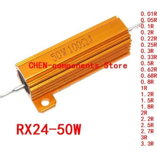 5PCS RX24 50W Gold aluminum shell resistor 0.01R 0.05R 0.2R 0.25R 0.33R 0.5R 0.62R 0.68R 1R 1.2R 1.5R 1.8R 2R 2.2R 2.7R 3R 3.3R