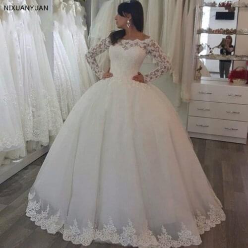White 2021 Princess Wedding Dresses Long Sleeves Lace Applique Sweep Train Wedding Gowns Custom Made Bridal Dress