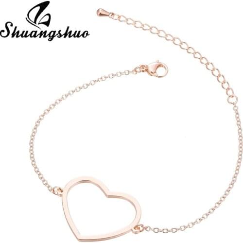 Shuangshuo Heart Pendant Bracelets For Women Stainless Steel Bracelets Hollow out Big Heart Bracelets Long Chain Femme Bracelet