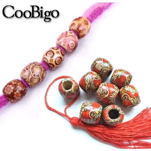 10Pcs Vintage Natural Wood Hair Beads Painted Spacer Round Hole Dreadlock Charms For DIY Jewelry Making Bracelet Clothing