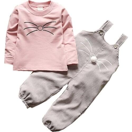 Fashion Spring Autumn Children Girls Clothes Toddler Clothing Sets Cartoon Cute Cat T-Shirt Overalls 2Pcs/Sets Kids Tracksuits