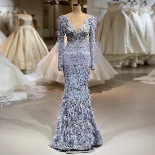 Dubai 2020 Blue Arabic Evening Dresses Long sleeves Applique Beaded Feathers Prom Dress Evening Gowns Formal Celebrity Dress