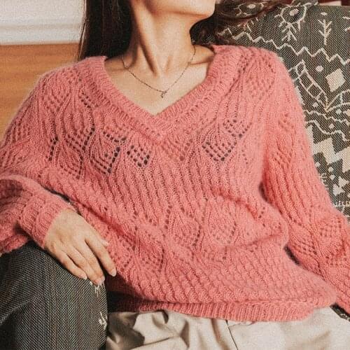 Georgia Knitted Jumper Women Casual Mohair Wool Puffed Sleeve V Neck Chic Sweater Autumn Winter Vintage Pullover 2020