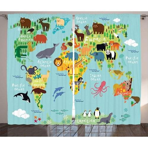 Wanderlust Decor Curtains Animal Map of The World for Children and Kids Cartoon Mountains Forests Living Room Bedroom Decor 2