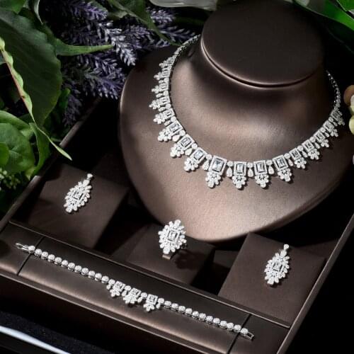 HIBRIDE Elegant Luxury Square Design Wedding Accessories Bride Jewelry Set CZ Necklace and Earring Set parrure bijoux N-703
