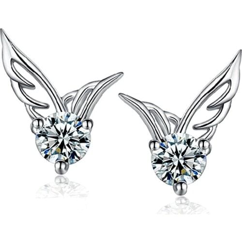 Top Selling Angel Wings Stud Earrings Real 925 Sterling Silver with Clear Cubic Zirconia Stone Jewelry For Woman Girls