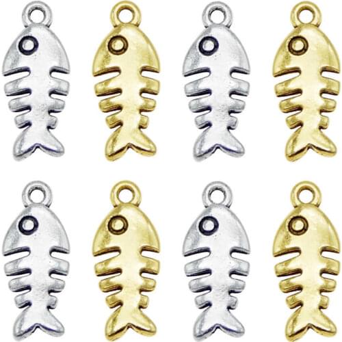 Julie Wang 40PCS Small Fish Bones Charms Retro Golden Antique Silver Color Fish Pendant Bracelet Alloy Jewelry Making Accessory
