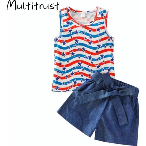 Multitrust 0-4Years Summer Newborn Baby Girl Clothing Set Striped Print Sleeveless Vest Top Bow Denim Pant 2Pcs Girl Fashion Set