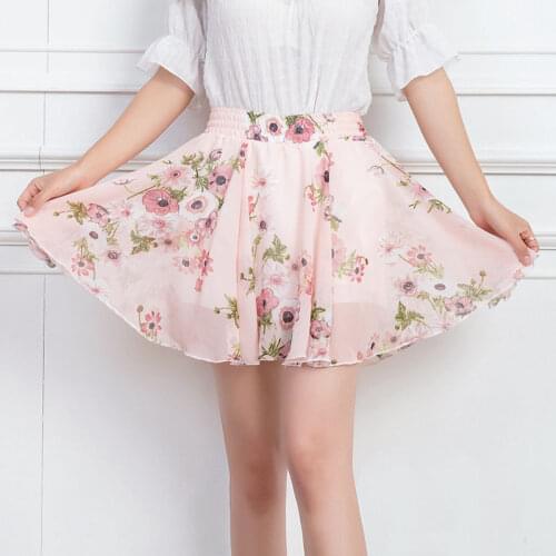 Floral Print Elastic Waist Short Skirts Girls Dance Skirts Easy Sweet Brisk A-line Pleated Skirts Mini Summer 3-layers Chiffon