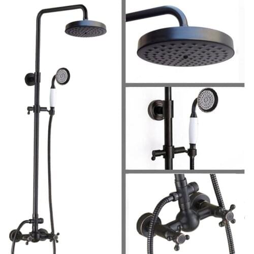 Black Oil Rubbed Brass Dual Cross Handles Bathroom 8 Inch Round Rain Shower Faucet Set Bath Mixer Tap Hand Shower mrs415