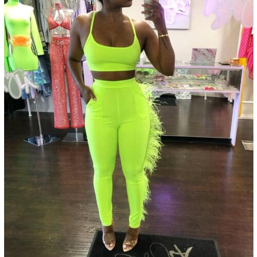 Strap Cami Crop Top And Feather Front Pants 2 Piece Set Women Summer Solid Vacation Two Piece Set Matching Sets Outfits
