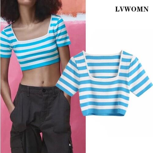 LVWOMN Tops Women Za 2021 Summer Fashion Striped Knit Short Top Woman Square Neck Short Sleeve Womens t-shirts Tops Chic